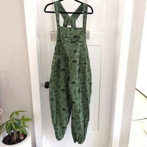 Vintage Green Mushroom Print Overalls Cotton Harem Jumpsuit L/XL Boho Gorpcore